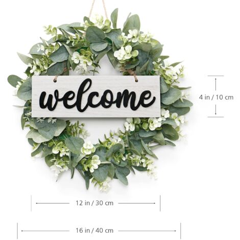 Artificial Eucalyptus Wreath, 40cm Round Wreath, Front Door Wreath, Door Wreath with Wooden Welcome Signs