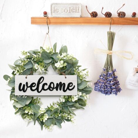 Artificial Eucalyptus Wreath, 40cm Round Wreath, Front Door Wreath, Door Wreath with Wooden Welcome Signs