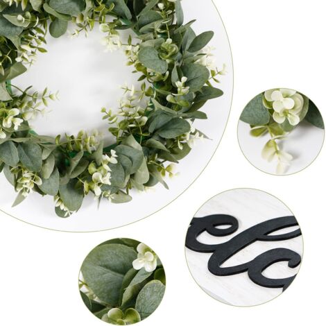 Artificial Eucalyptus Wreath, 40cm Round Wreath, Front Door Wreath, Door Wreath with Wooden Welcome Signs