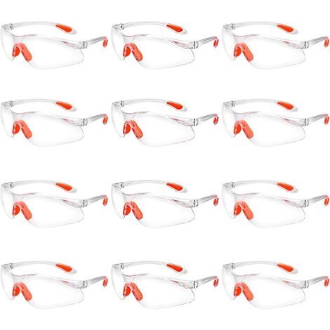 12pcs Safety Glasses Clear Protective Over-Glasses with Plastic Lenses Nose Bridge and Rubber Temple Tips for Personal Protective Equipment PC Goggles (1/5)