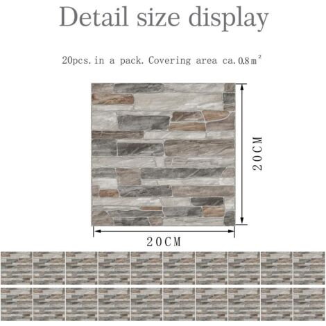 Decorative Tile Stickers for Bathroom and Kitchen Tile Stickers, 20 Pieces Imitation Leather 3D Brick Style Imitation Stone Waterproof Self-Adhesive Decoration (LA019, 20cm)