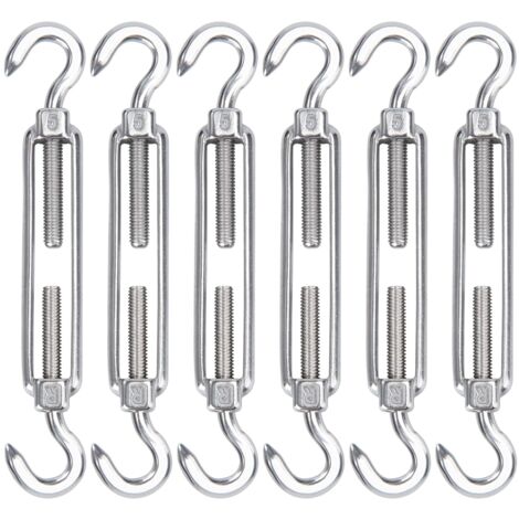 M5 Stainless Steel Cable Turnbuckle, 6 Pack Wire Rope Tensioner Hook & Hook Adjustable Heavy Duty Tension Hook & Hook for Rope Cable Clothesline, Wire Mesh for Sun Shade Installation (1/5)