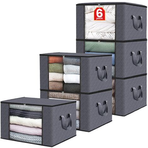 Set of 6 storage boxes, zipped, foldable, with sturdy handles, thick fabric, suitable for clothes, beds, duvets, sheets, pillows and toys, 60 liters, 55x35x32 cm, gray