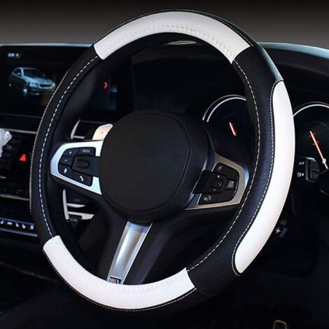 Leather Car Steering Wheel Cover, Universal 38cm Car Steering Wheel Cover, Curved Sports Car Steering Wheel Protector Cover (Black-White)