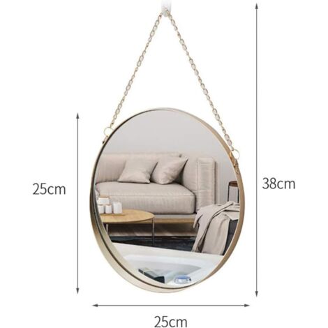 Hanging Mirror, 25x25cm Round Bathroom Makeup Mirror Brass Frame with Chain