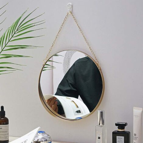 Hanging Mirror, 25x25cm Round Bathroom Makeup Mirror Brass Frame with Chain