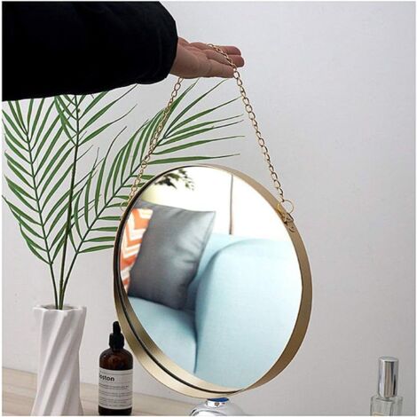 Hanging Mirror, 25x25cm Round Bathroom Makeup Mirror Brass Frame with Chain