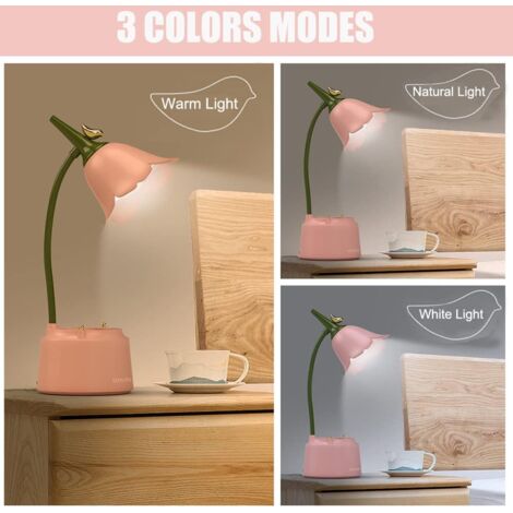 LED Desk Lamp for Kids, Flower Table Lamp, Reading Lamp with Adjustable Light and Touch Sensor (Pink)