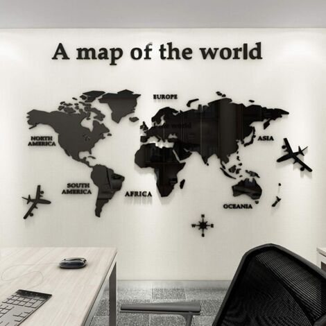 3D DIY Wall Sticker World Map Family Wall Pictures Home Wall Art (Black, S: 80 x 40 cm)