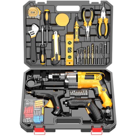 Impact drill and screwdriver set, 710 W, 220 V, multifunctional, 22 pieces, yellow/black (1/5)