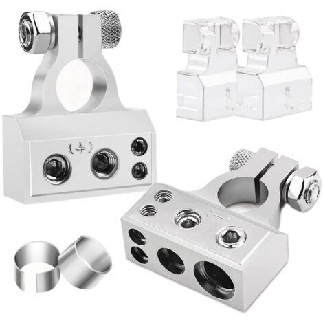 Battery Terminal Set with 2 Clear Covers and Gaskets for Car Radio Retrofit, Silver (1/5)
