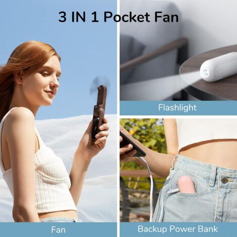 Mini Portable Handheld Fan 3 in 1 Rechargeable Battery Operated Fan with Power Bank-White