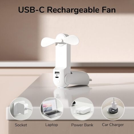 Mini Portable Handheld Fan 3 in 1 Rechargeable Battery Operated Fan with Power Bank-White