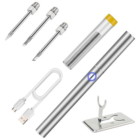 Letcon Portable Soldering Iron Gun Set, USB Charging, Cordless, Built-in Battery, Soldering Electronic Components, with 3 Welding Heads, Metal Stand, Adjustable Temperature, 60 Seconds Protection, Sil