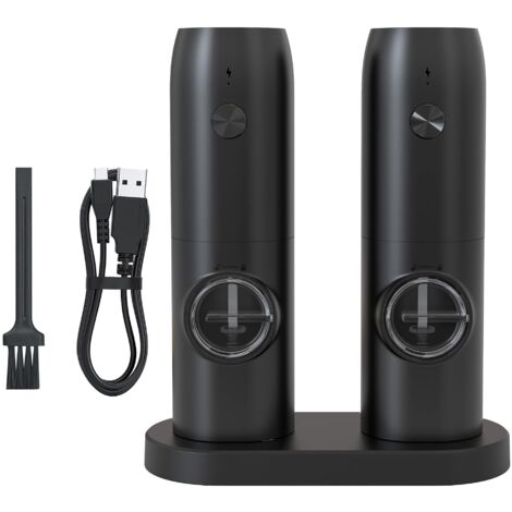 Set of 2 electric salt and pepper mills, stainless steel, adjustable grinding level, tyce-c, with transparent storage compartment, black (1/5)