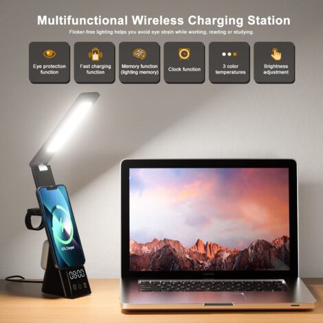 4 in 1 LED Desk Lamp, 3 Modes Adjustable Light, Digital Display, Clock, QI Wireless Fast Charging, Charging Phone, Headphones, iWatch, AirPods, Black