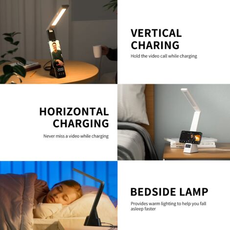 4 in 1 LED Desk Lamp, 3 Modes Adjustable Light, Digital Display, Clock, QI Wireless Fast Charging, Charging Phone, Headphones, iWatch, AirPods, Black
