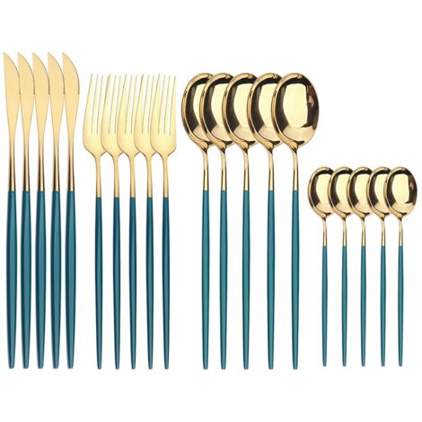 Set 20 Cutlery, Stainless Steel, Matte Finish, Main Dinner Knife6, Main Dinner Fork6, Main Dinner Table6, Tea Coffee Spoon6, Premium Gift Box, Green/Gold