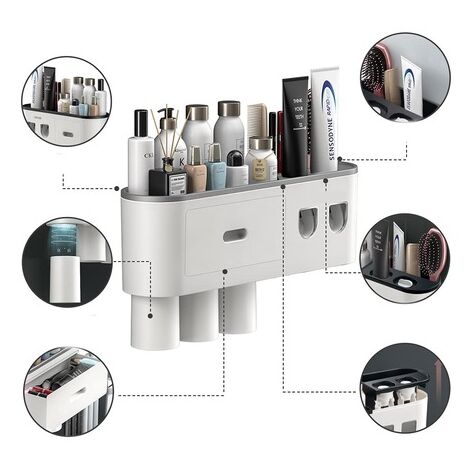 Wall Mounted Toothbrush Holder with Two Automatic Toothpaste Dispensers, with 2-3 Cups (Grey, 2 Toothpaste Dispensers, 3 Cups)