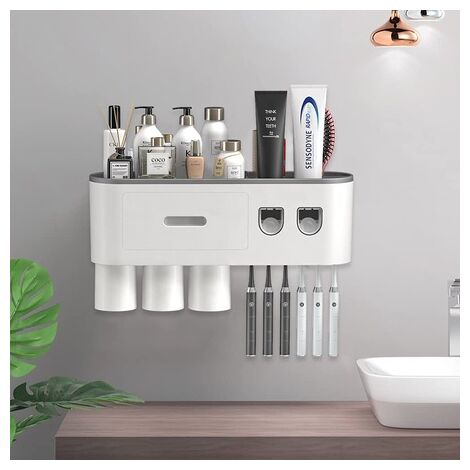 Wall Mounted Toothbrush Holder with Two Automatic Toothpaste Dispensers, with 2-3 Cups (Grey, 2 Toothpaste Dispensers, 3 Cups)