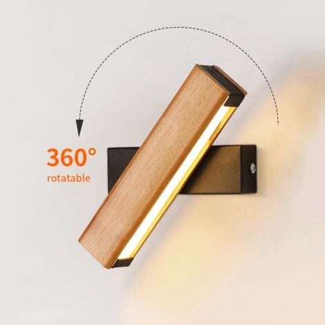LED Wall Light, 4W 400LM 360° Rotatable Indoor Wooden Wall Lamp, 3000K Warm White Wall Sconce for Bedroom, Living Room, Office, Hallway