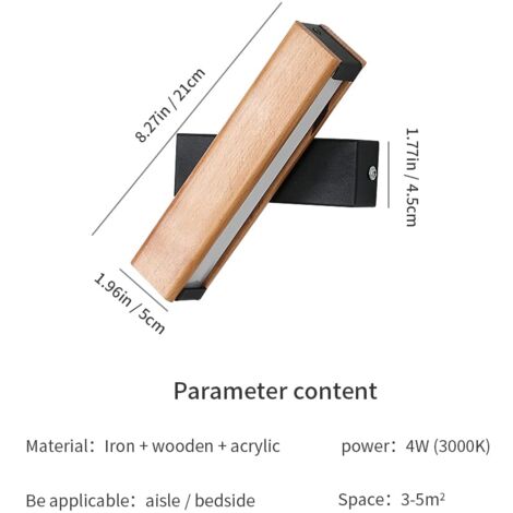 LED Wall Light, 4W 400LM 360° Rotatable Indoor Wooden Wall Lamp, 3000K Warm White Wall Sconce for Bedroom, Living Room, Office, Hallway