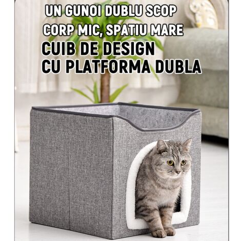 Double Layer Cat House, Foldable, Soft and Fluffy, Breathable, Lightweight, MDF/Velvet/Linen Material, Dark Grey/White