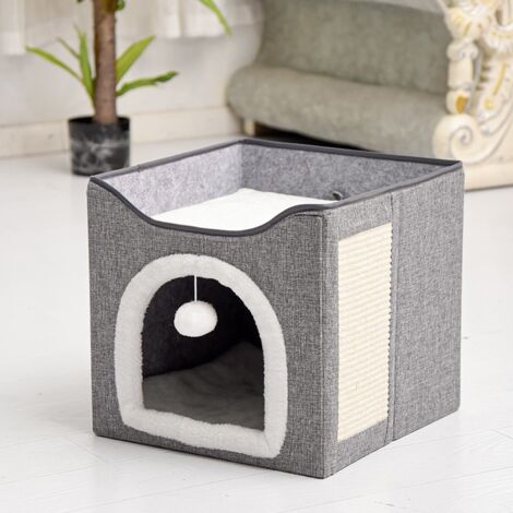 Double Layer Cat House, Foldable, Soft and Fluffy, Breathable, Lightweight, MDF/Velvet/Linen Material, Dark Grey/White