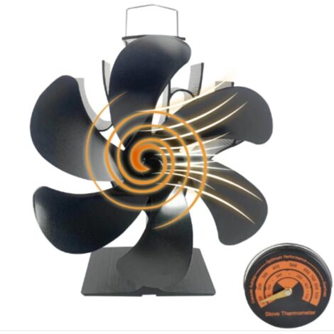 Stove Fan with Thermometer, Non-Electric 6-Blade Heat Controlled Fireplace Fan, for Wood Fireplace, Pellet Burner, Wood Stove Accessory