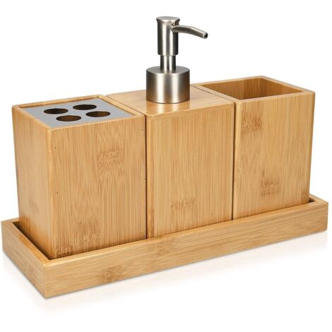 Bathroom Accessories Set - 4x Bamboo Bathroom Accessories - Toothbrush Holder - Soap Dispenser - Tumbler - Holder (1/5)