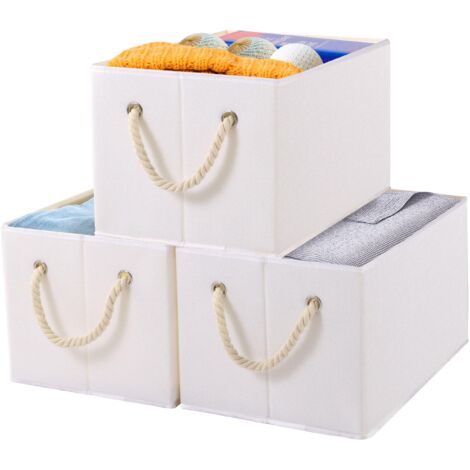 Set of 3 Storage Boxes, Foldable, Fabric, Washable, for Bedroom, Clothes, 33x23x20cm, White (1/5)