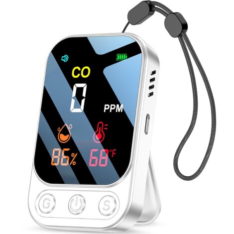 Carbon monoxide detector with intelligent alarm function, 3-in-1 CO detector humidity/temperature/carbon monoxide concentration, portable rechargeable CO alarm for household/RV/camping (white)
