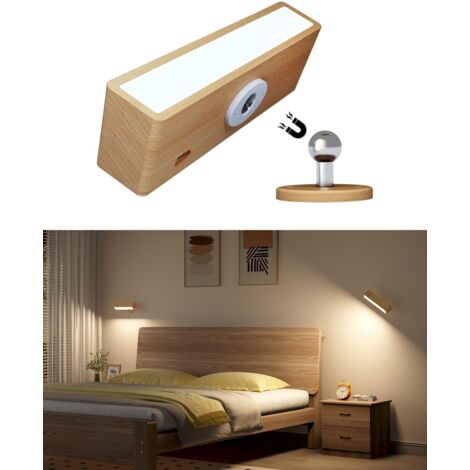 Indoor Bedroom Wall Light, USB Rechargeable Wireless Wall Bedside Lamp, Brightness Adjustment, Touch, LED Wood Wall Lamp (1/5)