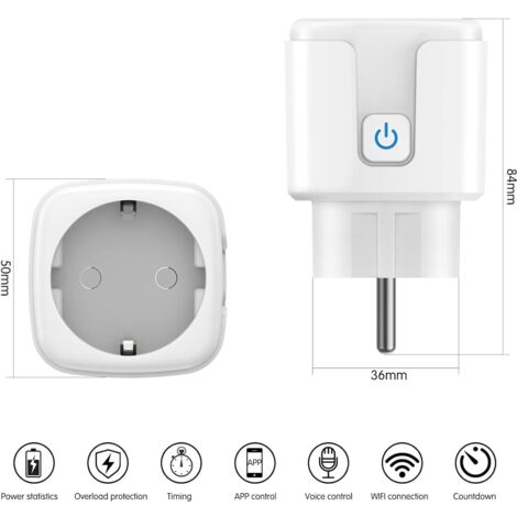 WiFi Smart Plug, 2 Pack 16A 3680W Smart Plug, WiFi Socket with Power Consumption Measurement, Remote Control, Voice Control, Compatible with Alexa & Google - for France