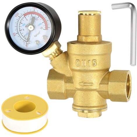 DN15 1/2 Inch Water Pressure Reducer With Water Pressure Gauge, Made of 100% High Hardness Brass, Water Pressure Reducer Pressure Limiter Watering Water Pressure Regulator (1/5)