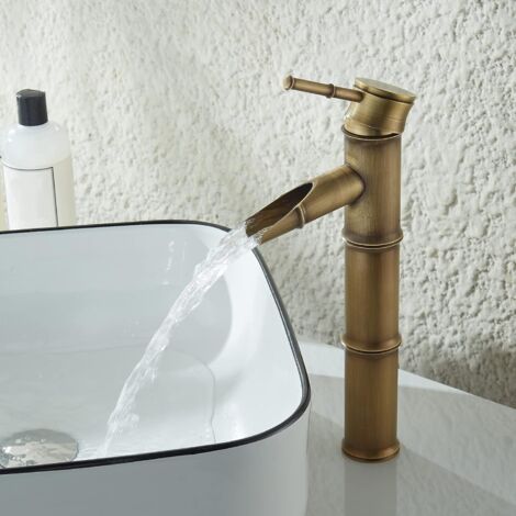 Tinor – Waterfall bathroom sink faucet – Antique brass single lever mixer tap – Ceramic disk valve for drip-free performance – Retro bamboo design (1/5)