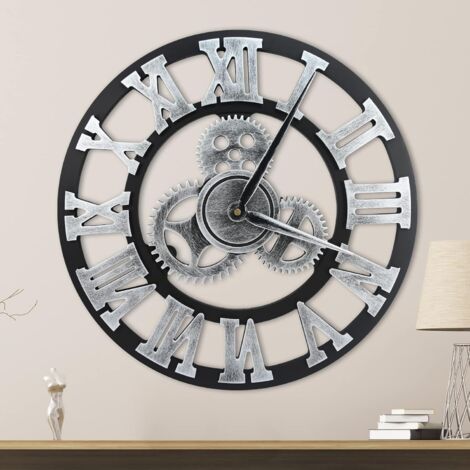 40cm Large Wall Clock Silent Non Ticking Vintage Wall Clock for Home Bedroom Living Room Kitchen Bar (Silver)