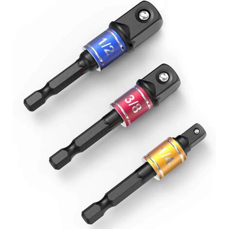 Set of 3 black hex to 1/4", 1/2", 3/8" square adapters for cordless screwdrivers. (1/5)