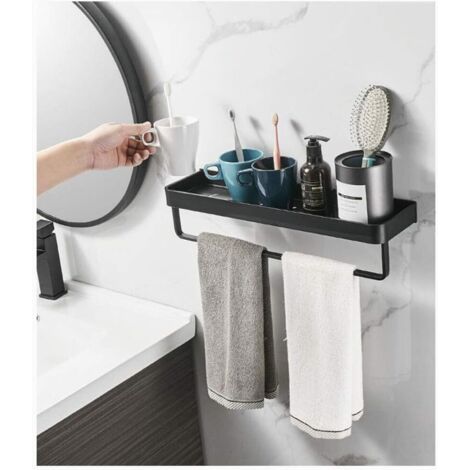 Towel Rack, Square Bathroom Shelf with Towel Rail and Wall Mounted, Solid Aluminum Alloy Matte Black Finish, Black, 40cm (1/5)