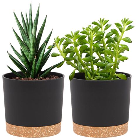 Set of 2 12cm Plant Pots, Indoor Plant Pots with Drainage Holes and Removable Base, Modern Decorative Saucer for Outdoor Planters (Black 12cm)