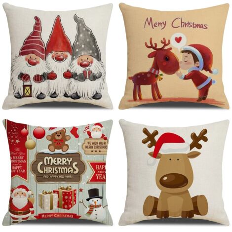 Christmas Cushion Cover 45x45cm, Set of 4 Christmas Decorative Sofa Cotton and Linen Christmas for Sofa Bed Bedroom Chair Garden - Merry Christmas Decoration (1/5)