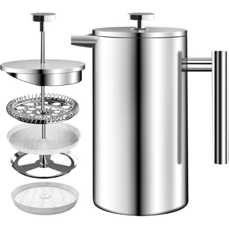 Stainless Steel French Press Coffee Maker - Espresso and Tea Maker with Triple Filters - Heat Resistant Glass with Steel Plunger - Portable Coffee Maker - 34 Oz (1.0 Liter) - Silver (1/5)