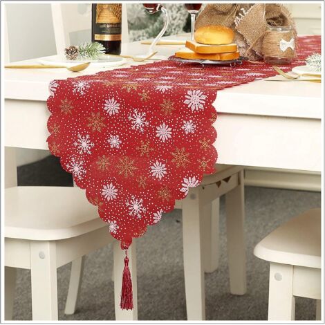 Red Christmas Table Runner 35x180cm Linen Tablecloth Snowflake Print Christmas Decoration Table Linen Flags(Red) (1/5)