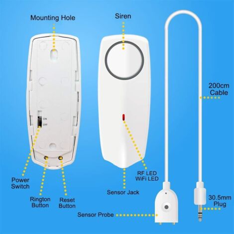 Water Alarm Sensor with 60dB Loud Sound WiFi Leak Detector, Overflow