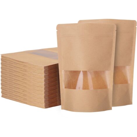 Pack of 200 Kraft Food Bags with Window, 14×20CM Reusable Kraft Ziplock Bags, Waterproof Small Kraft Food Bags for Nuts, Food (1/5)