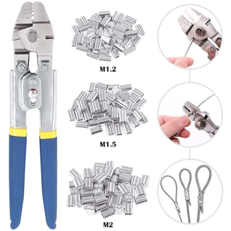 Steel Wire Rope Crimping Tool up to 2.2mm with 150pcs Aluminum Double Sleeve and 3 Sizes Aluminum Combo Kit
