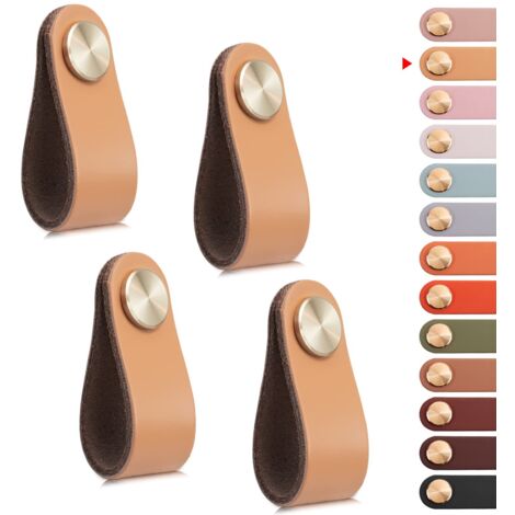 4pcs Leather Furniture Handle, Cabinet Door Knob Leather Handle Drawer Knob, Vintage Furniture Handle for Cabinets, Dresser, Kitchen, Bathroom (Beige, Single Hole) (1/5)