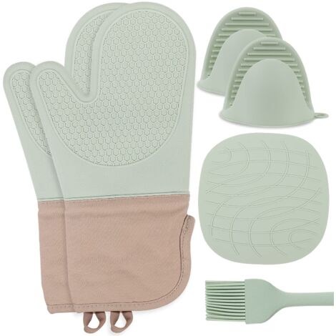 Heat Resistant Silicone Oven Gloves - Set of 6 Silicone Kitchen Gloves, Anti Heat for Barbecue Cooking (Mint Green) (1/5)