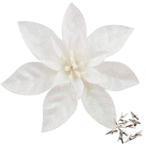 12 Pack Artificial Glitter Christmas Flowers (16cm) with 12 Clips (White)