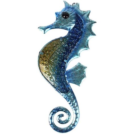 Seahorse Wall Decor Outdoor Sea Metal Art Hanging Decorative Glass Sculpture Blue for Bathroom